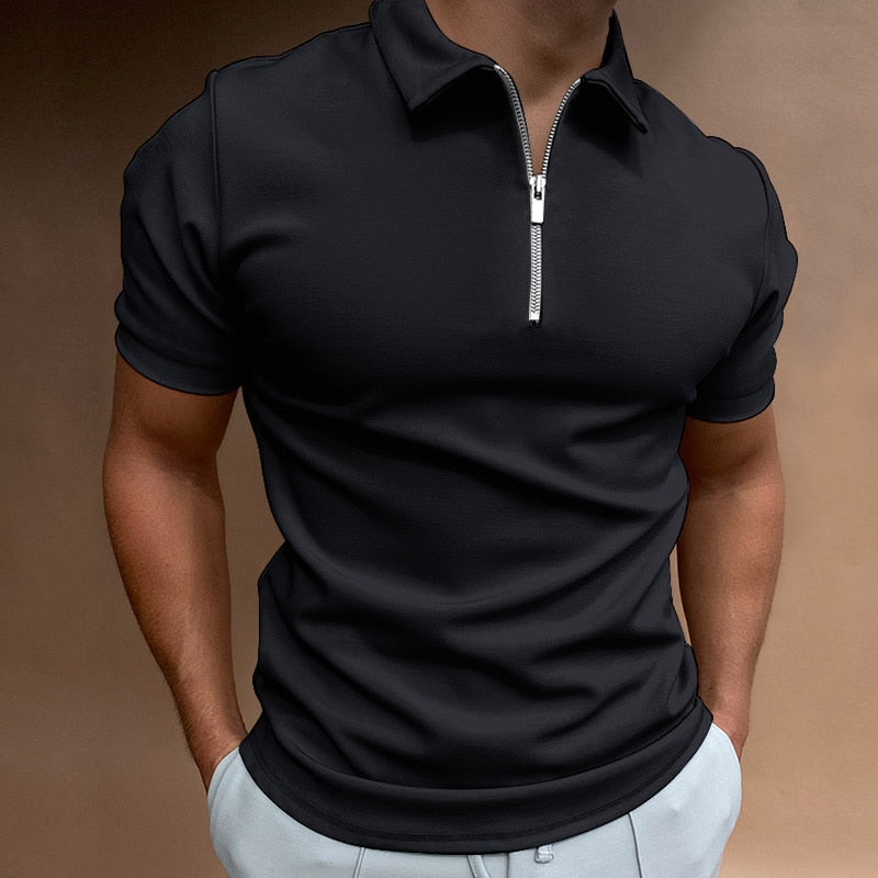 Patterned polo shirt for men with a zip collar