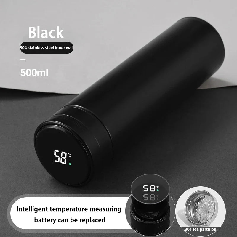 Sort termoflaske 500ml med digital temperaturmåler, 304 rustfrit stål, udskifteligt batteri, tefilter. Ideel til varme og kolde drikke.
