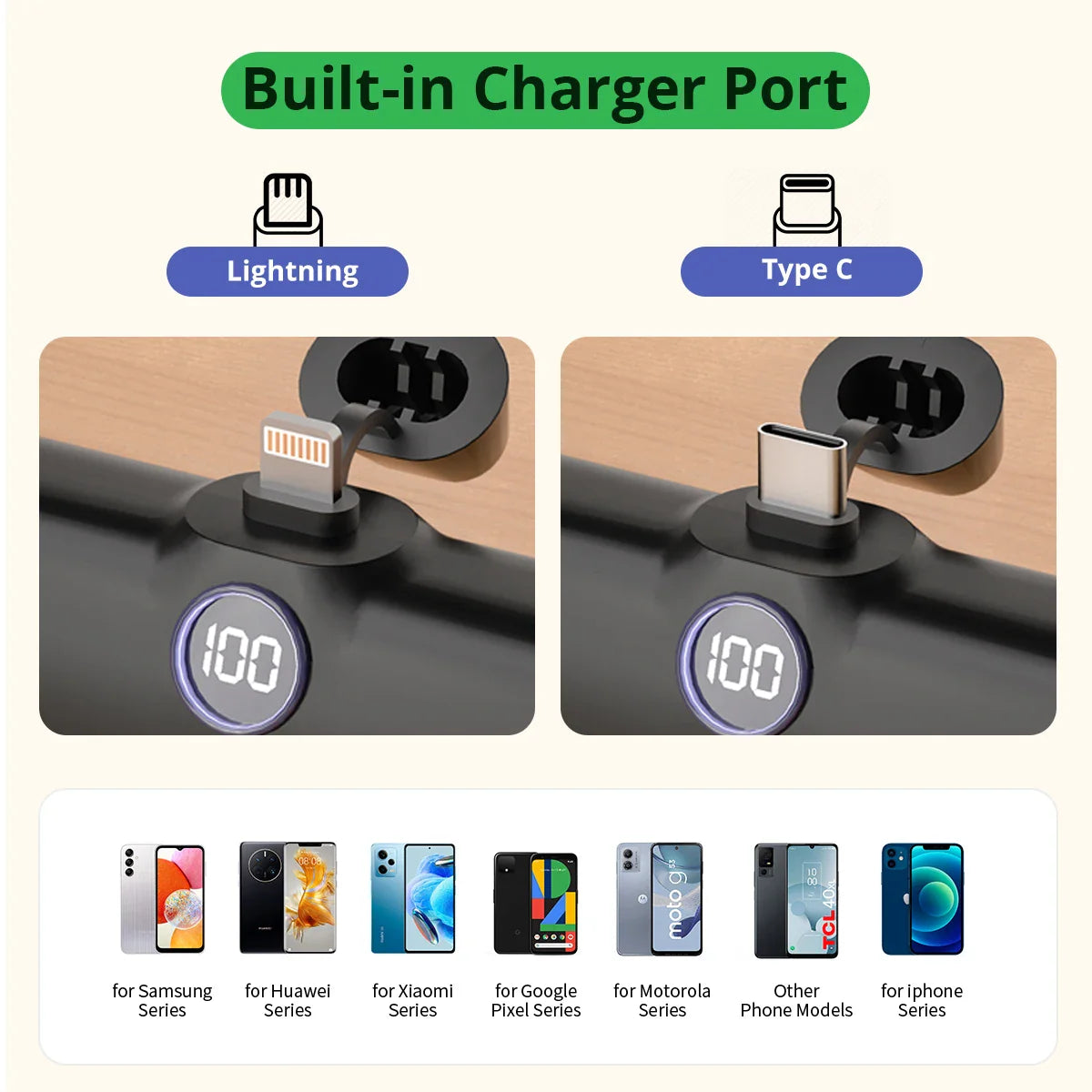 Indbygget opladerport med Lightning og Type C stik, kompatibel med Samsung, Huawei, Xiaomi, Google Pixel, Motorola og iPhone serier.