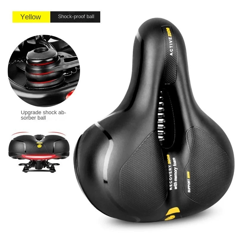 Sort cykelsadel med stødabsorberende kugle, ergonomisk design og åndbar overflade. Ideel til komfortabel cykling. Perfekt til mountainbikes.