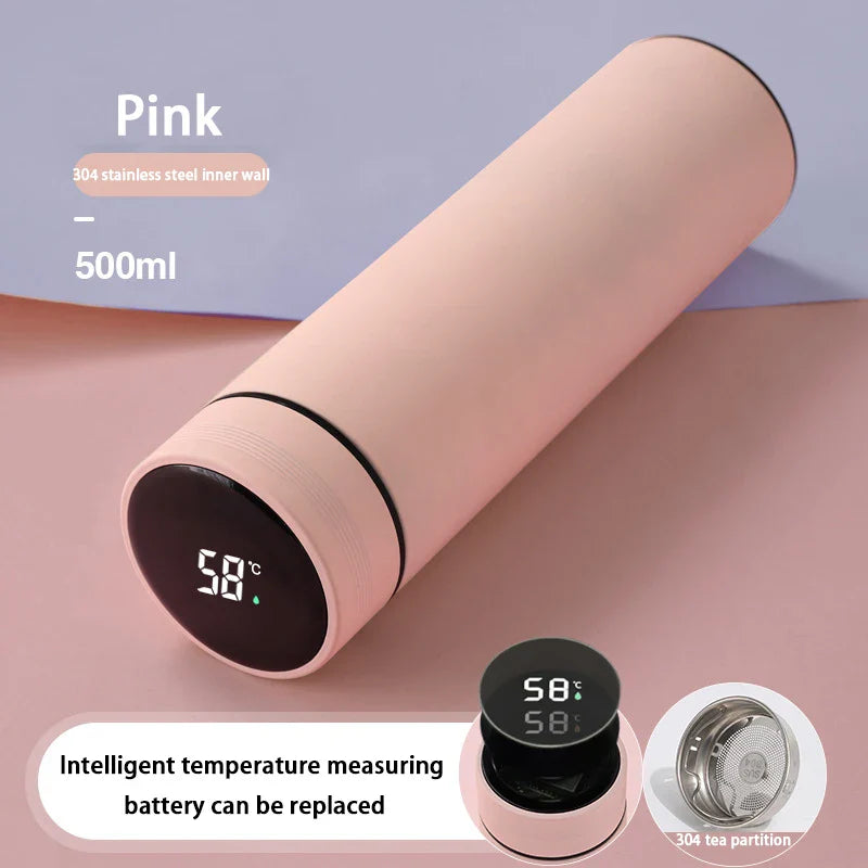Lyserød termoflaske 500ml med intelligent temperaturmåler, 304 rustfrit stål indvendigt, udskifteligt batteri, 304 tefilter.
