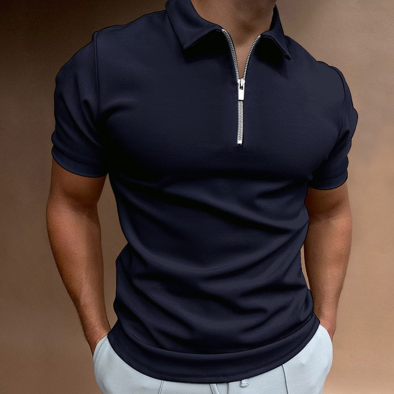 Patterned polo shirt for men with a zip collar