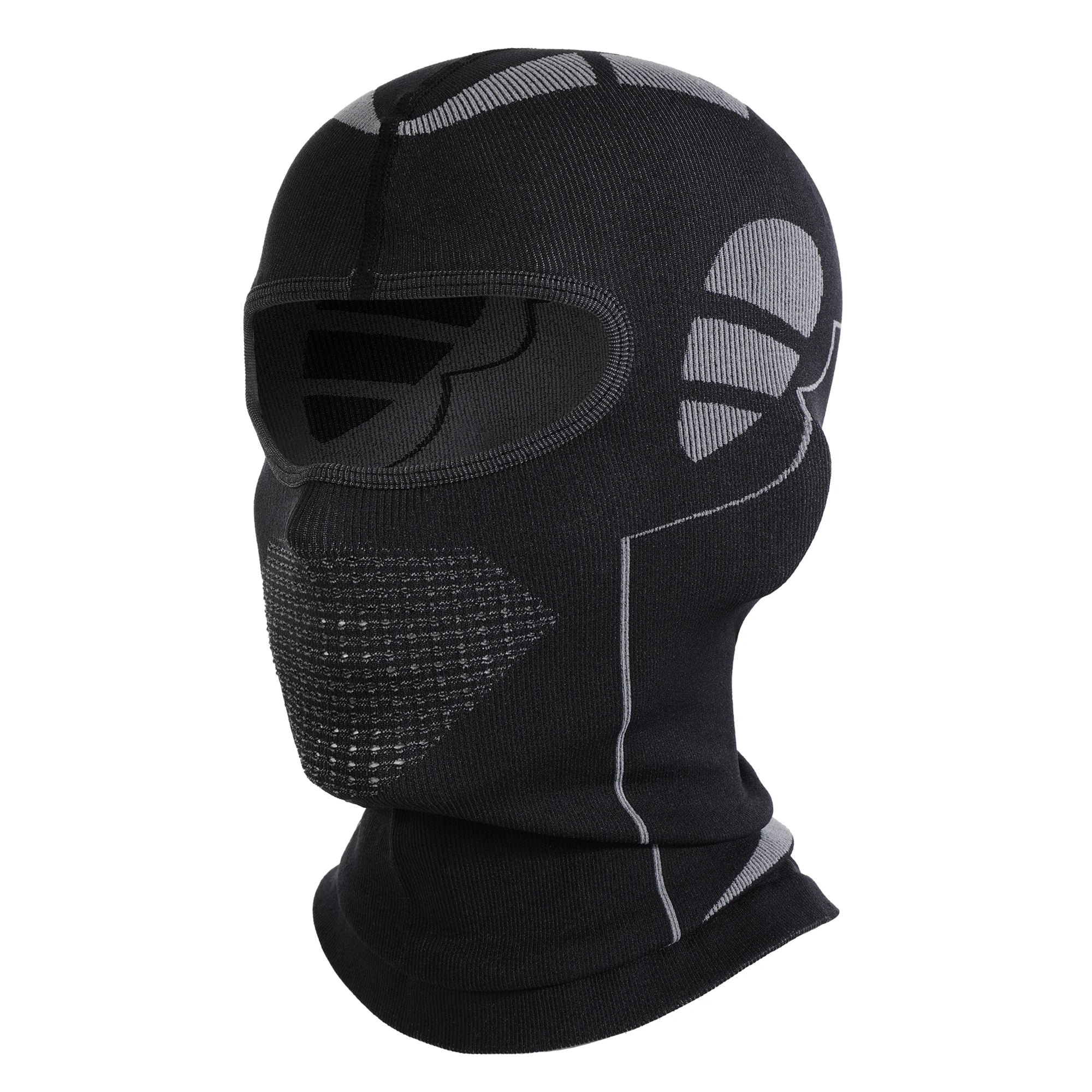Sort balaclava med grå detaljer, designet til udendørs sport og vinteraktiviteter. Åndbart materiale, ideel til cykling og ski.