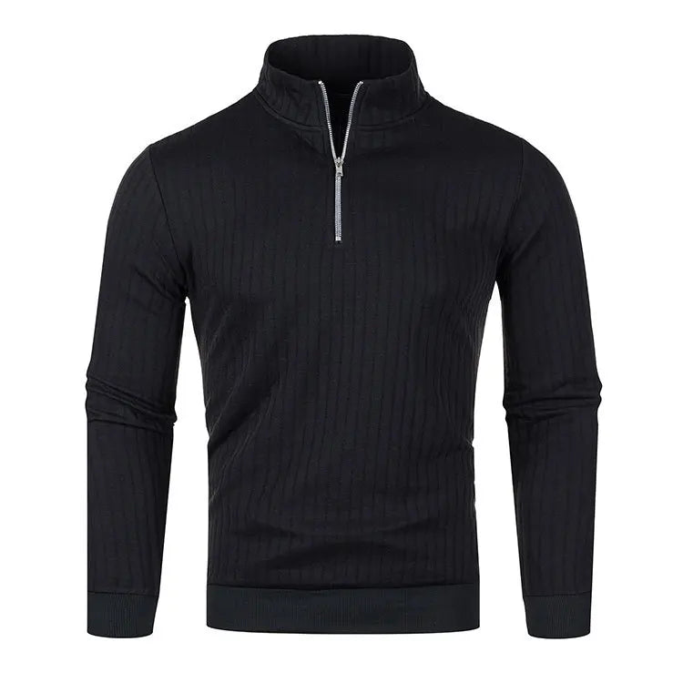 Sort herretrøje med lynlås, ribstrikket design, langærmet. Perfekt til efterår og vinter. Stilfuld og komfortabel beklædning til mænd.