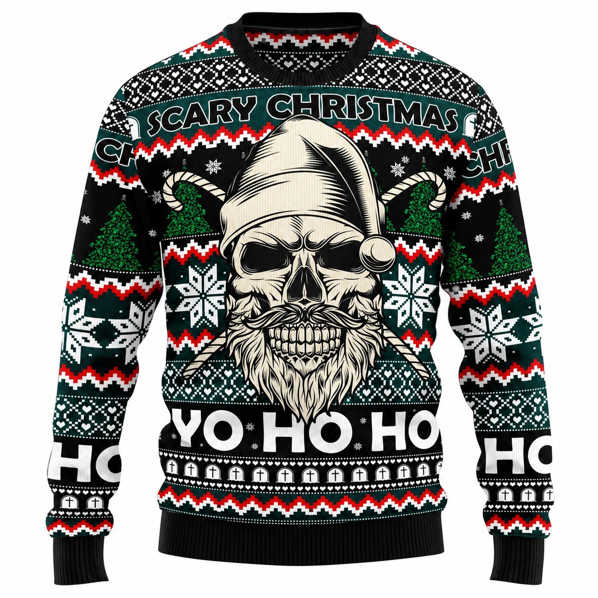Camisola de Natal unissexo - camisola com motivo de árvore de Natal feita de caveiras, gorro de Pai Natal e flocos de neve