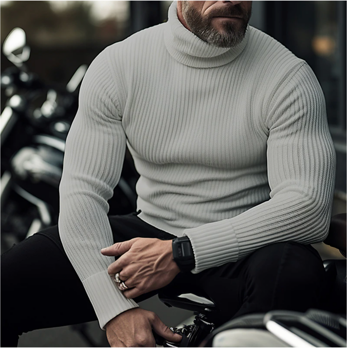 En mand i hvid rullekravesweater sidder på en motorcykel. Han bærer en sort ur og ring. Moderne herremode, motorcykel, stilfuldt look.