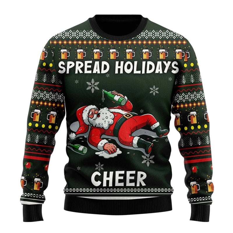 Julesweater med fuld Santa Claus, ølflasker, snefnug og teksten "Spread Holidays Cheer". Perfekt til julefrokost og festligheder.