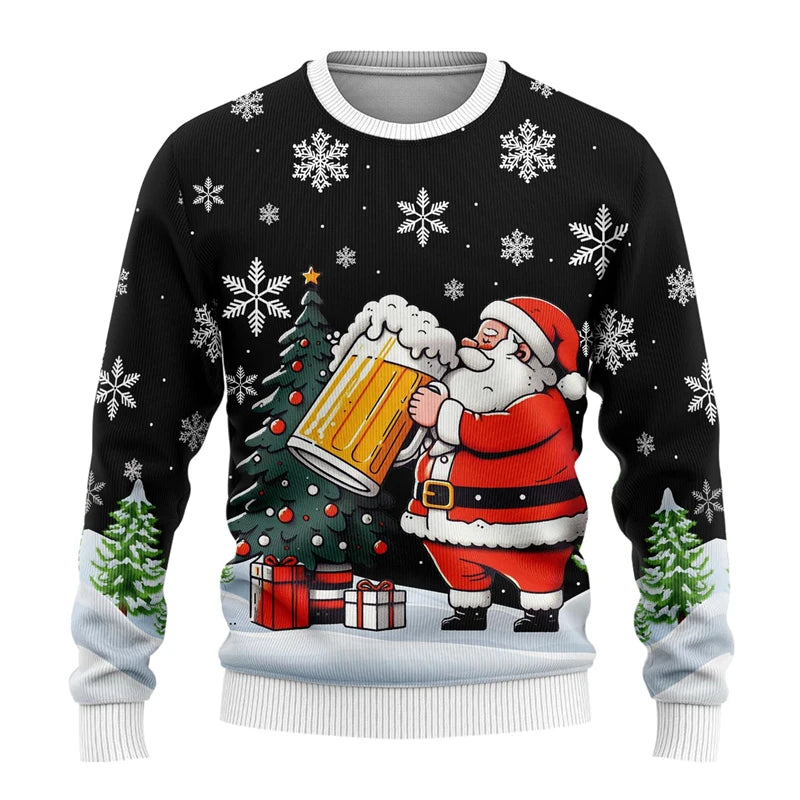 Julesweater med julemanden, der drikker øl, omgivet af snefnug, juletræ og gaver. Perfekt til julefrokost og festlig påklædning.