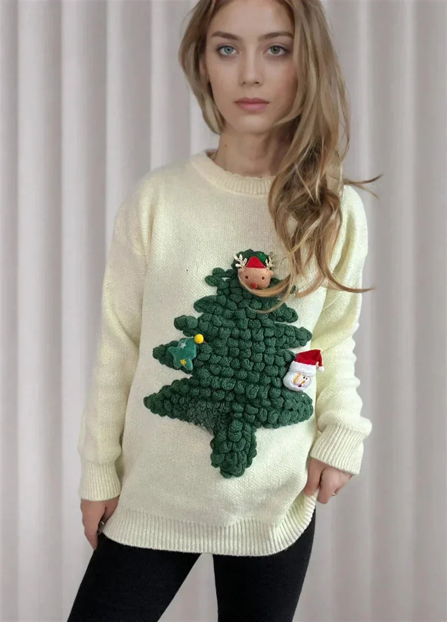 Maglione natalizio da donna con effetto 3D | Maglione in maglia con albero di Natale in rilievo | Maglia casual girocollo – perfetta per le feste di Natale