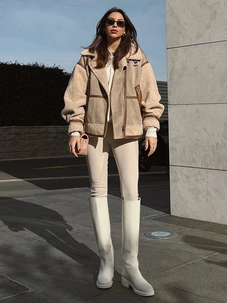Giacca in pile patchwork da donna - Giacca invernale casual con cerniera