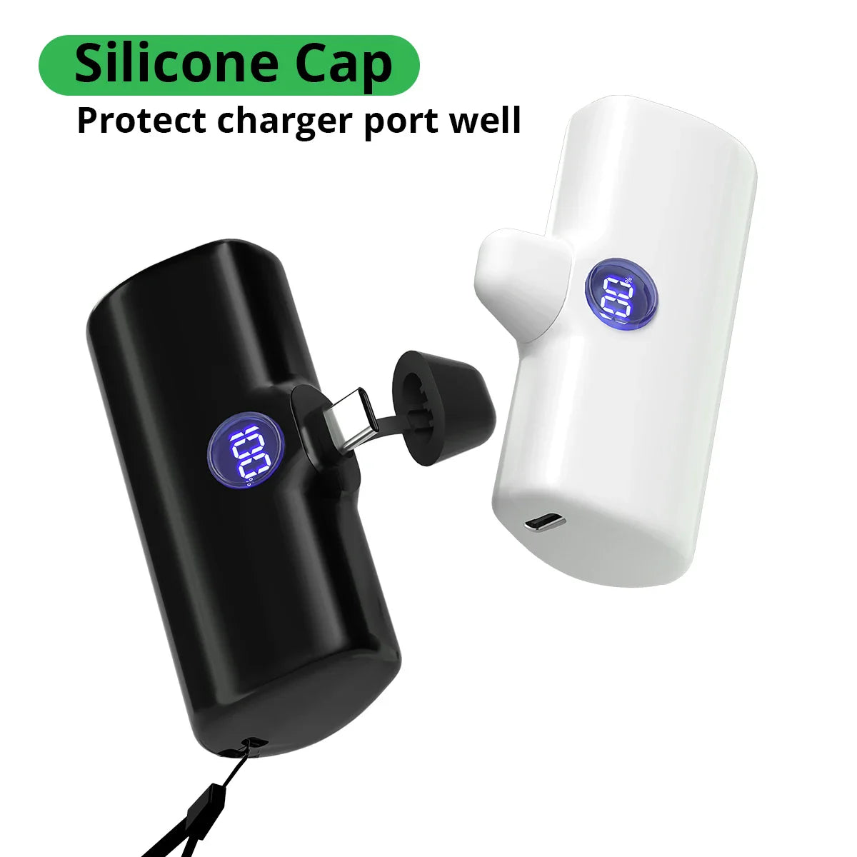 To USB-opladere i sort og hvid med silikonehætte og digitalt display, der viser batteriniveau. Beskytter opladerporten effektivt.