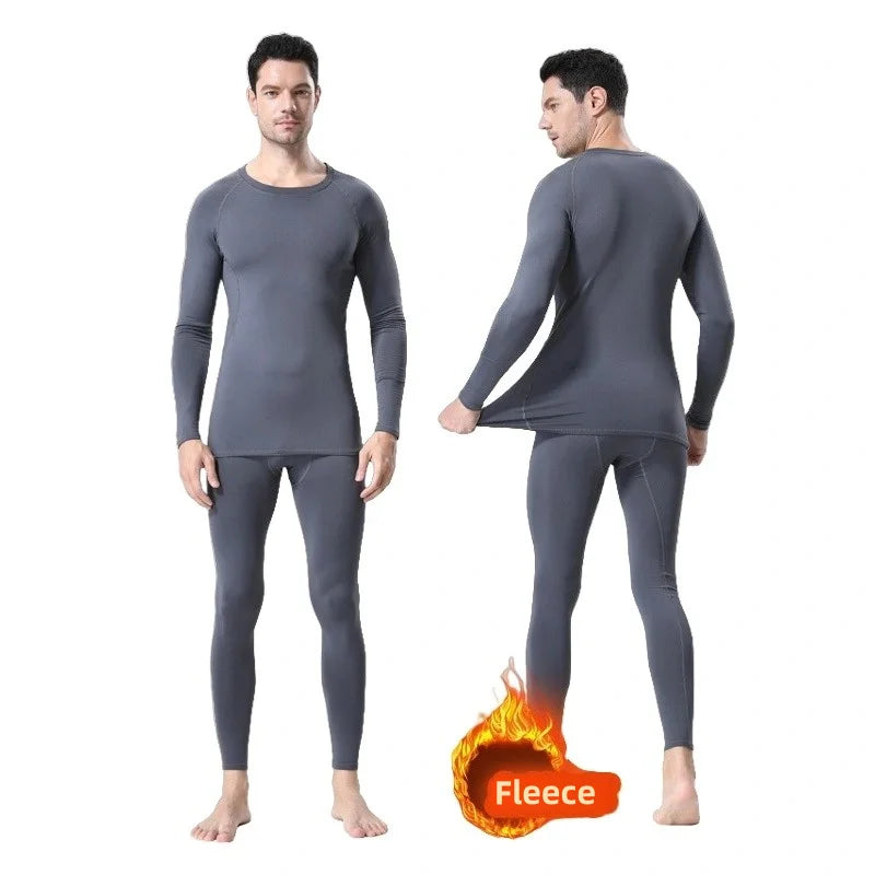 Grå termoundertøj til mænd, set forfra og bagfra. Komfortabelt fleece-materiale, ideelt til vinter og udendørs aktiviteter.