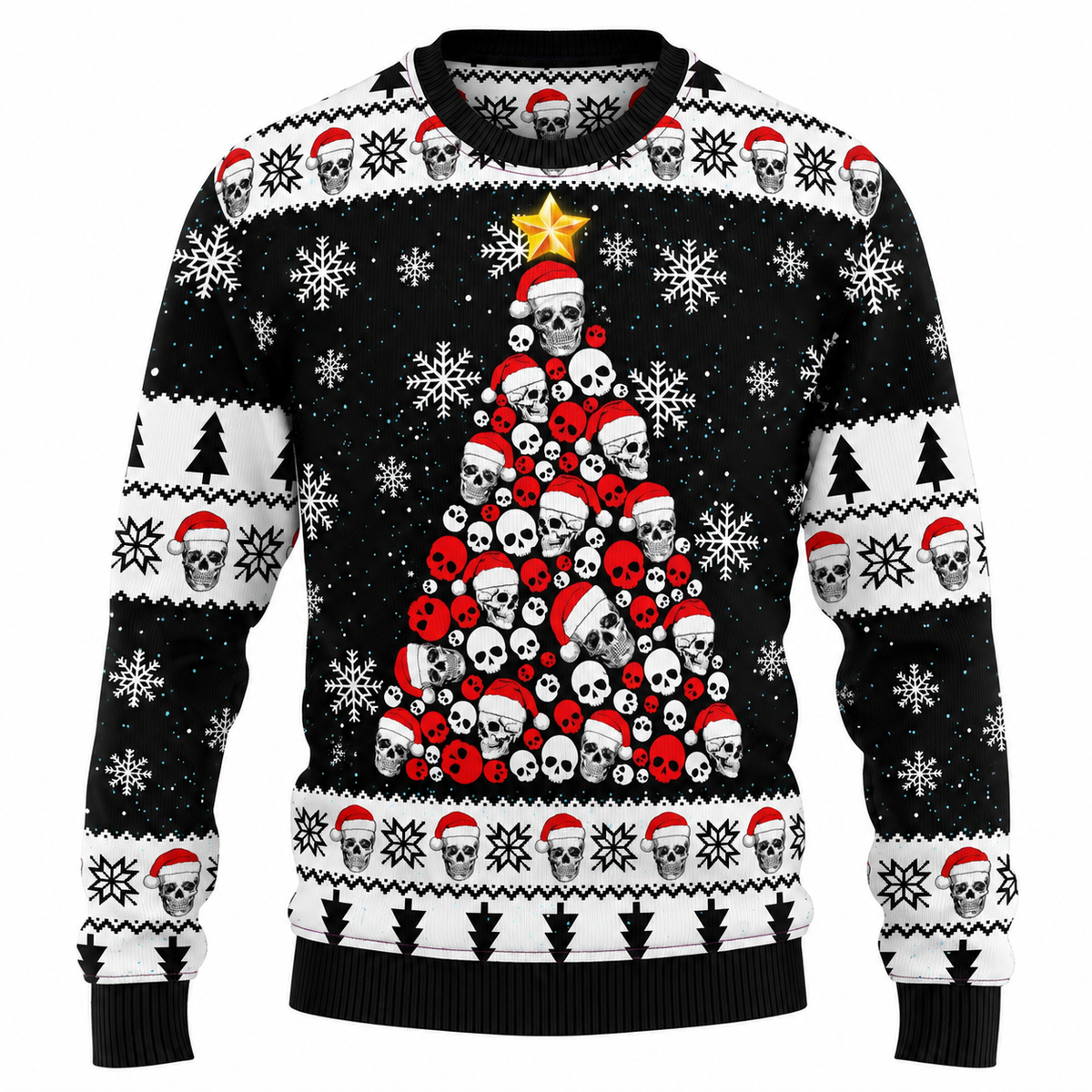 Camisola de Natal unissexo - camisola com motivo de árvore de Natal feita de caveiras, gorro de Pai Natal e flocos de neve