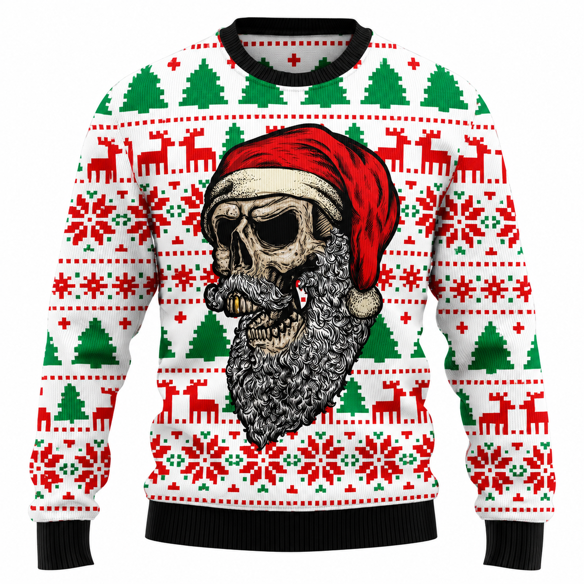 Camisola de Natal unissexo - camisola com motivo de árvore de Natal feita de caveiras, gorro de Pai Natal e flocos de neve