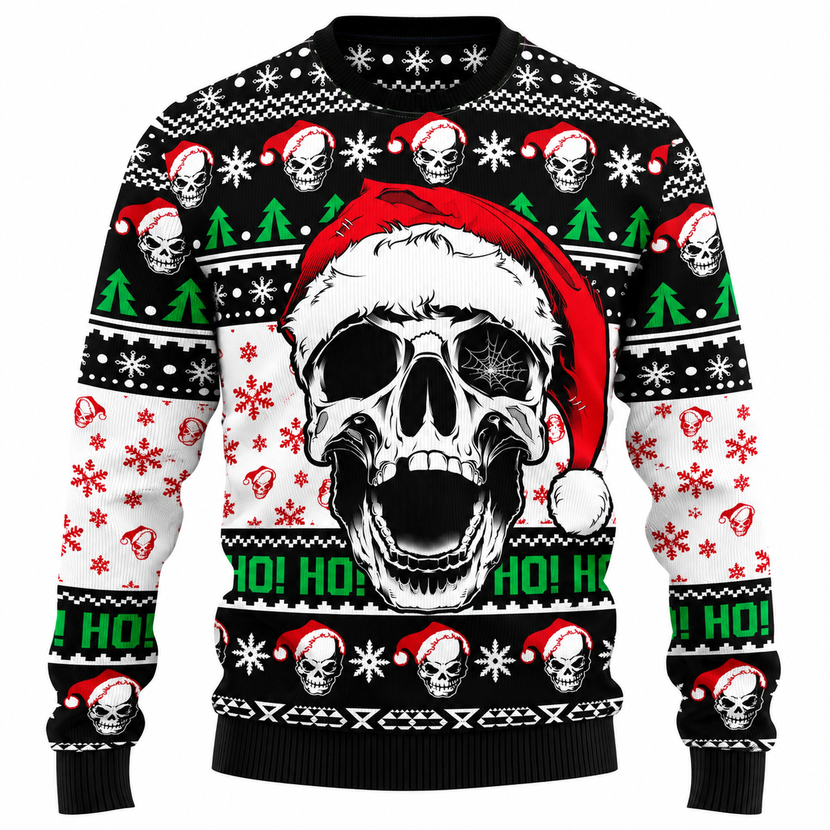 Camisola de Natal unissexo - camisola com motivo de árvore de Natal feita de caveiras, gorro de Pai Natal e flocos de neve