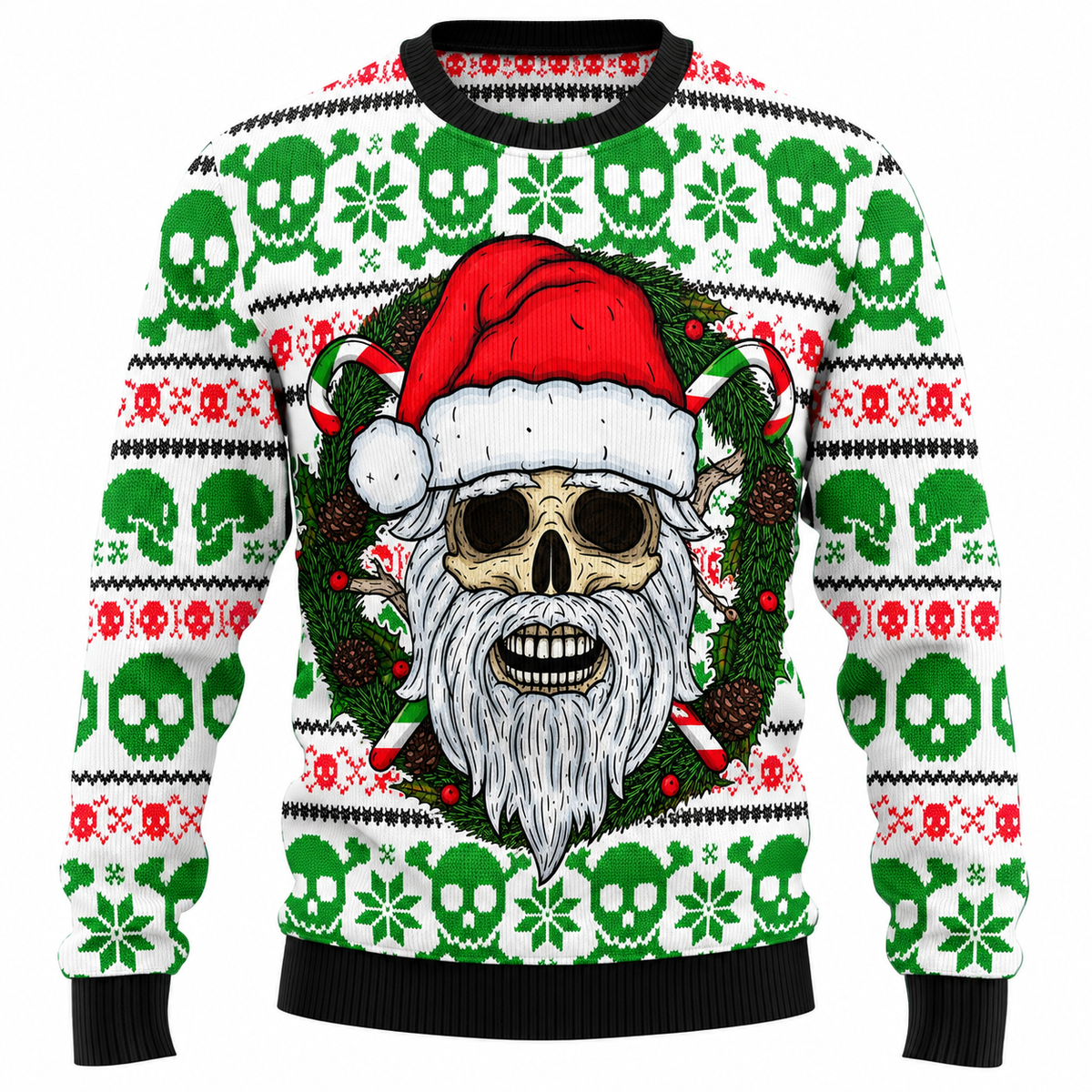 Camisola de Natal unissexo - camisola com motivo de árvore de Natal feita de caveiras, gorro de Pai Natal e flocos de neve