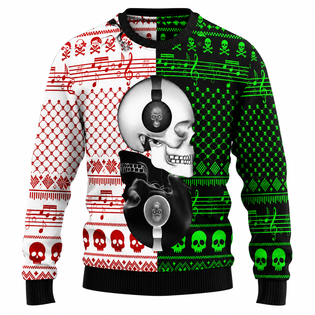 Camisola de Natal unissexo - camisola com motivo de árvore de Natal feita de caveiras, gorro de Pai Natal e flocos de neve