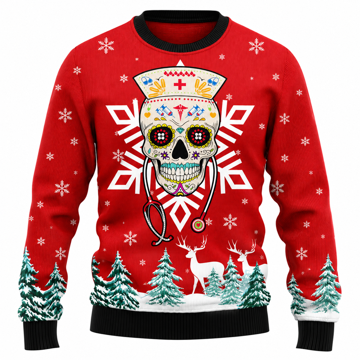 Camisola de Natal unissexo - camisola com motivo de árvore de Natal feita de caveiras, gorro de Pai Natal e flocos de neve