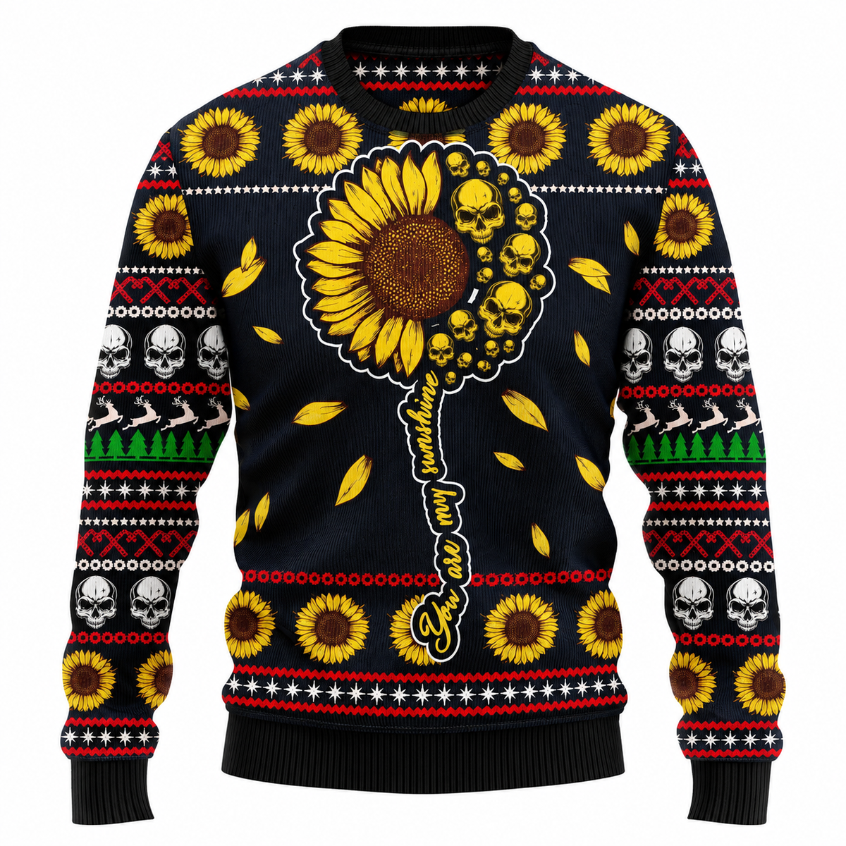 Camisola de Natal unissexo - camisola com motivo de árvore de Natal feita de caveiras, gorro de Pai Natal e flocos de neve