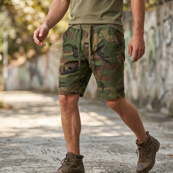Pantaloni scurți cargo camuflaj pentru bărbați – pantaloni scurți utilitari până la genunchi cu talie reglabilă