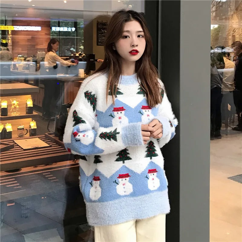 Maglione natalizio da donna con motivo di pupazzo di neve e albero di Natale - maglione in maglia accogliente