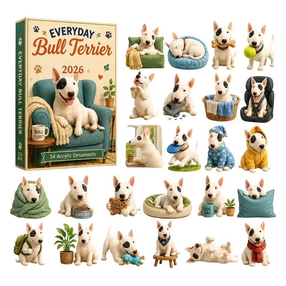 Bull Terrier Advent Calendar 2026, 24 days, flat acrylic dog figure, Christmas decoration for counting down, gift for children, families, and animal lovers