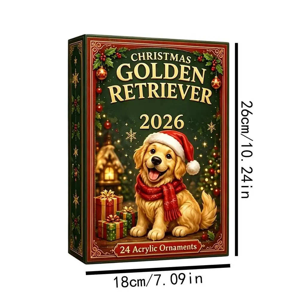 Calendario de Adviento 2026 – Adorno navideño 2D dulce con forma de golden retriever americano (cuenta atrás de 24 días)