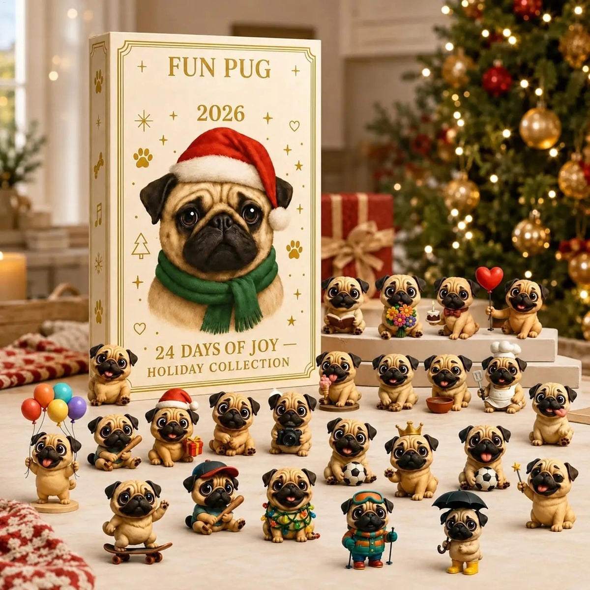 Calendario dell'Avvento natalizio con carlino 2026 – 24 giorni con mini-figurine di cani – Decorazioni e articoli per feste natalizie per calze della Befana, scrivania dell'ufficio o soggiorno