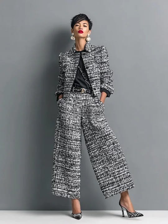 Conjunto de tweed para mujer con chaqueta corta de botonadura sencilla y pantalones de pierna ancha