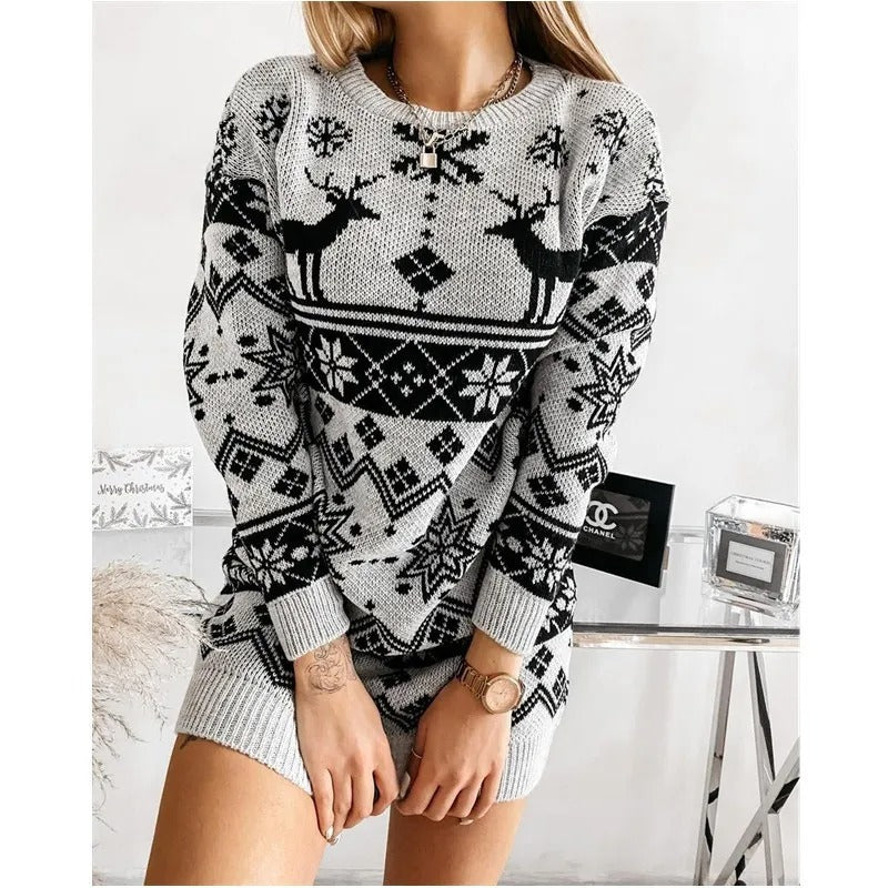 Gestricktes Weihnachtskleid für Damen – langärmeliges Kleid mit Rentier- und Schneeflockenmuster