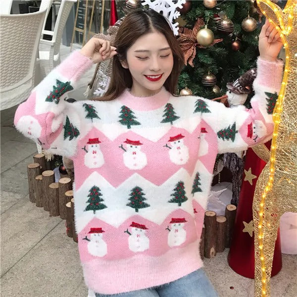Maglione natalizio da donna con motivo di pupazzo di neve e albero di Natale - maglione in maglia accogliente