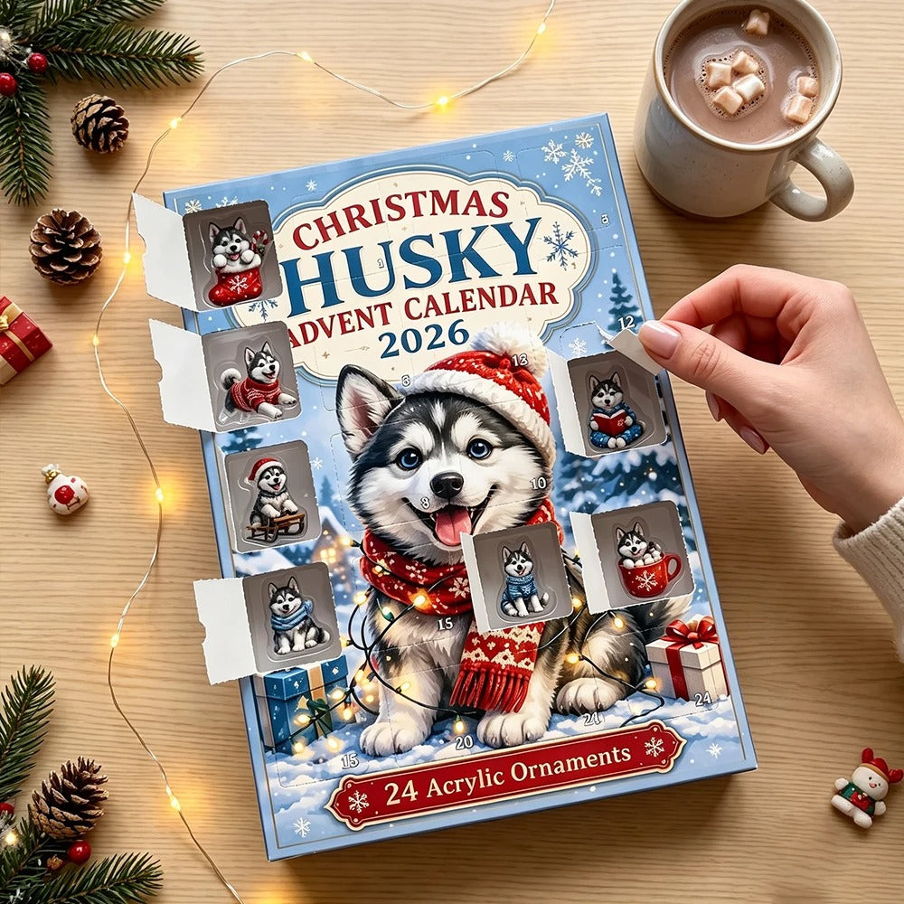 Calendario dell'Avvento natalizio 2026 per cani, conto alla rovescia di 24 giorni a tema husky per gli amanti dei cani