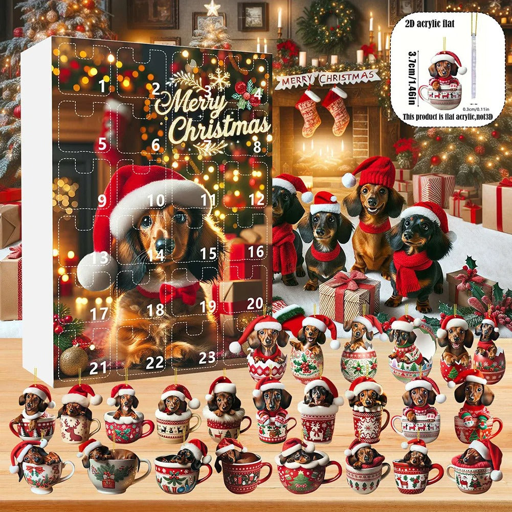 Calendario dell’Avvento con 24 caselle per il Natale 2026 – figura piatta in acrilico (2D) di un bassotto da appendere all’albero di Natale