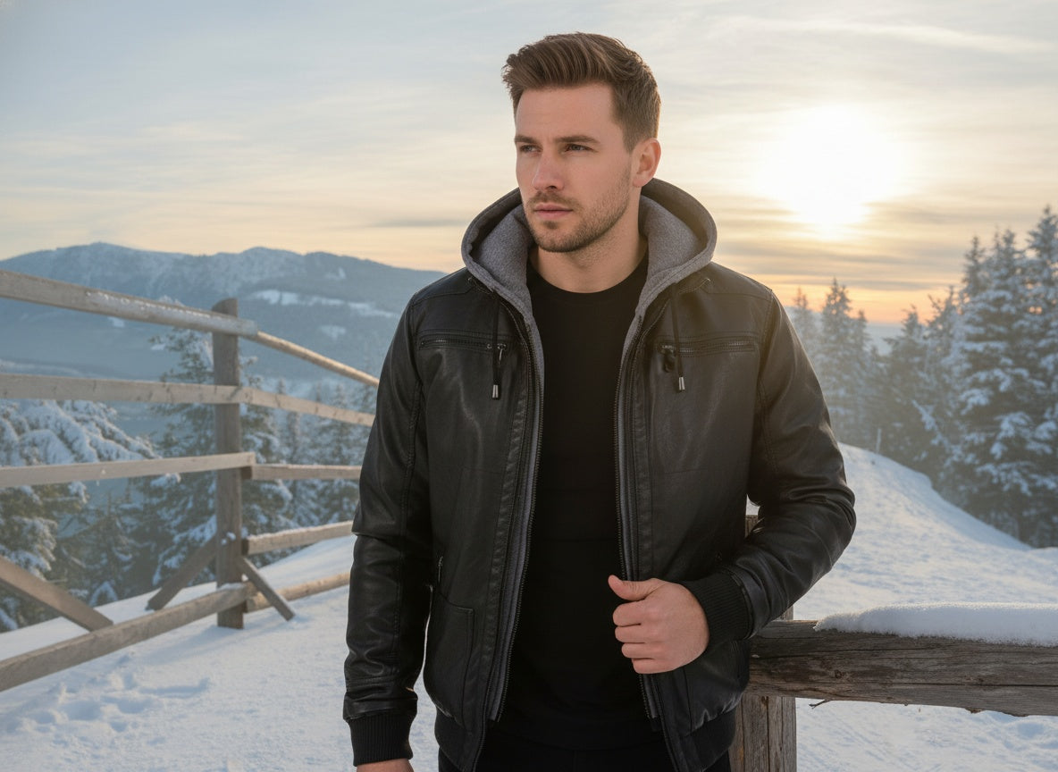 Mand i sort læderjakke står i sneklædt landskab ved solnedgang, med bjerge og skov i baggrunden. Vintermode, udendørs, stilfuld påklædning.
