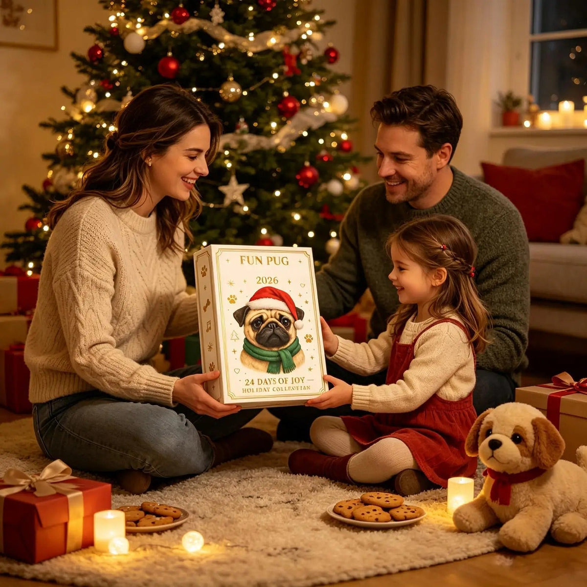 Calendario dell'Avvento natalizio con carlino 2026 – 24 giorni con mini-figurine di cani – Decorazioni e articoli per feste natalizie per calze della Befana, scrivania dell'ufficio o soggiorno