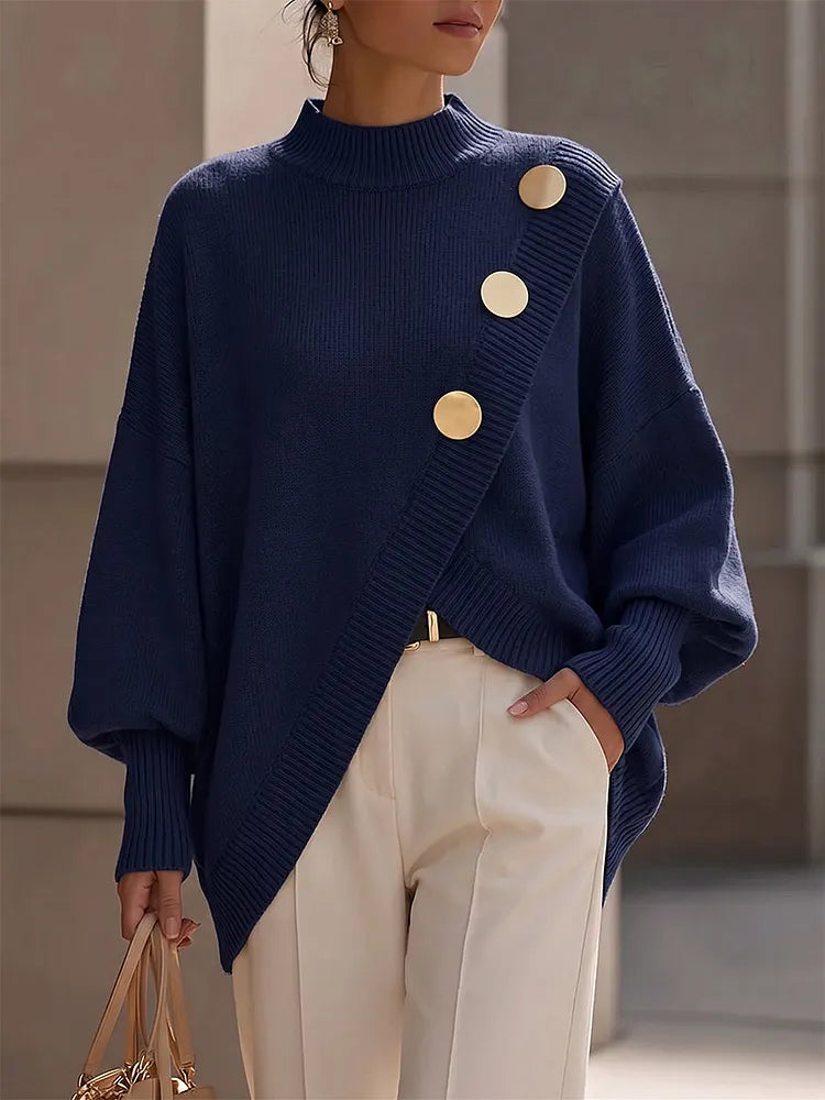 Élégant pull asymétrique en maille avec boutons dorés