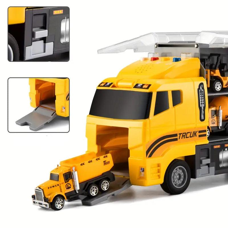 Gul legetøjslastbil med lille lastbil indeni, detaljeret design, opbevaringsfunktion, børnelegetøj, transportbil, robust konstruktion, sjov leg.