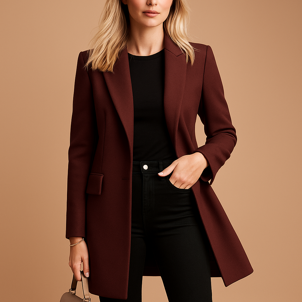 Blond kvinde i brun frakke og sort tøj, holder en taske. Mode, elegant stil, efterårstøj, kvindelig elegance, moderne look.