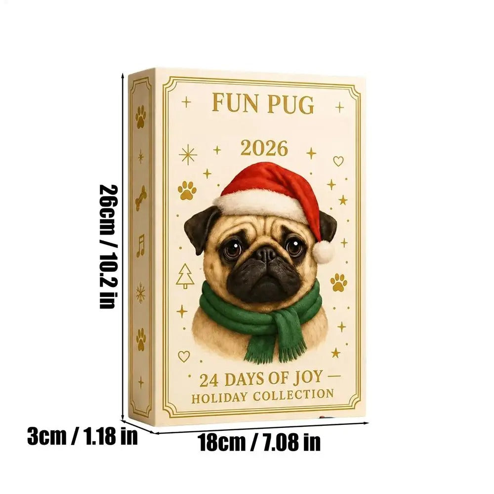Calendario dell'Avvento natalizio con carlino 2026 – 24 giorni con mini-figurine di cani – Decorazioni e articoli per feste natalizie per calze della Befana, scrivania dell'ufficio o soggiorno