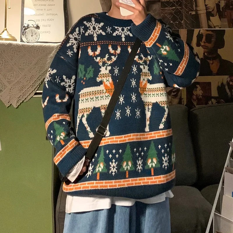 Unisex-julesweater med elgmotiv – Strikket trøje med lange ærmer