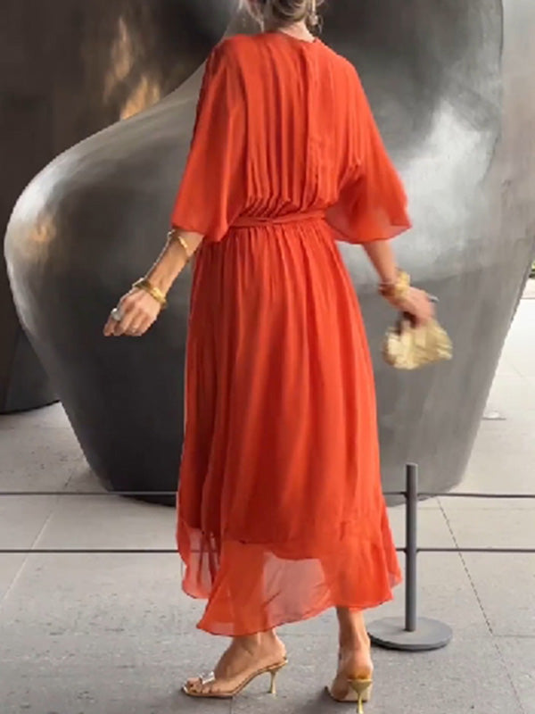 Elegáns sifon estélyi ruha - V-kivágással, rövid ujjakkal, lenge szabással (S–5XL)