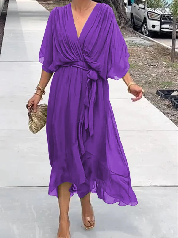 Elegáns sifon estélyi ruha - V-kivágással, rövid ujjakkal, lenge szabással (S–5XL)
