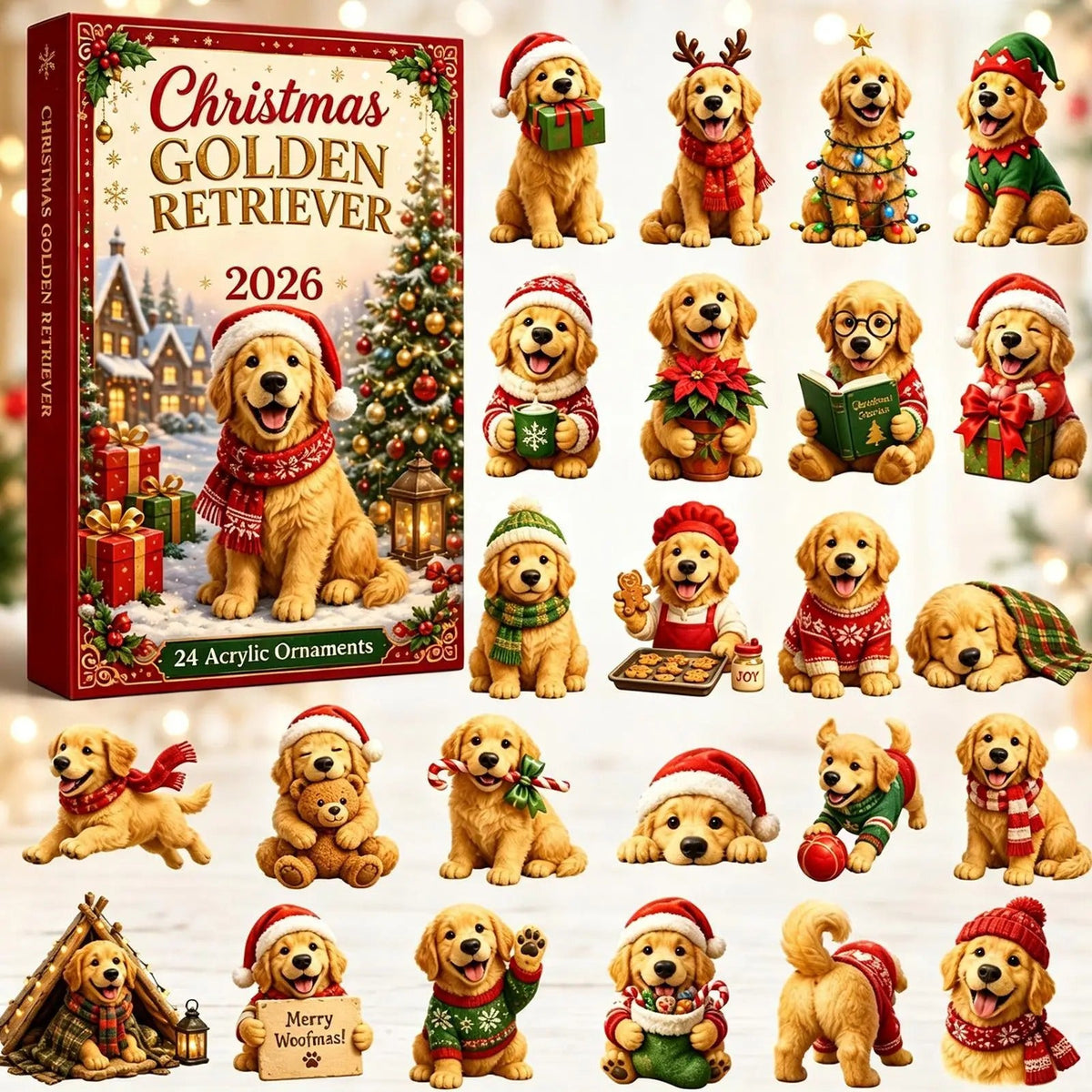 Calendario de Adviento 2026 – Adorno navideño 2D dulce con forma de golden retriever americano (cuenta atrás de 24 días)