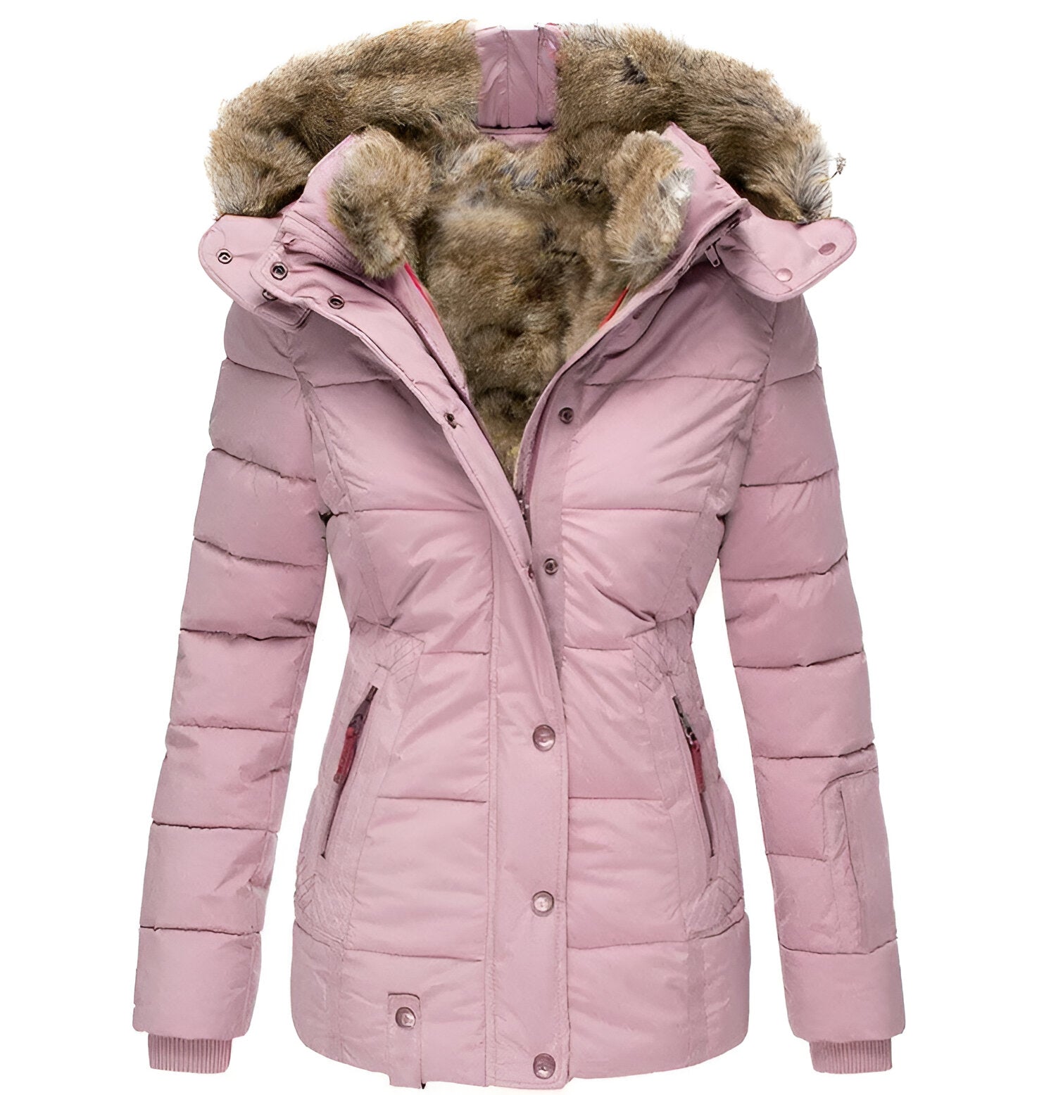 Lyserød vinterjakke med hætte og faux pelsfor, quiltet design, lynlås og knaplukning. Perfekt til koldt vejr. Vintermode, damejakke.