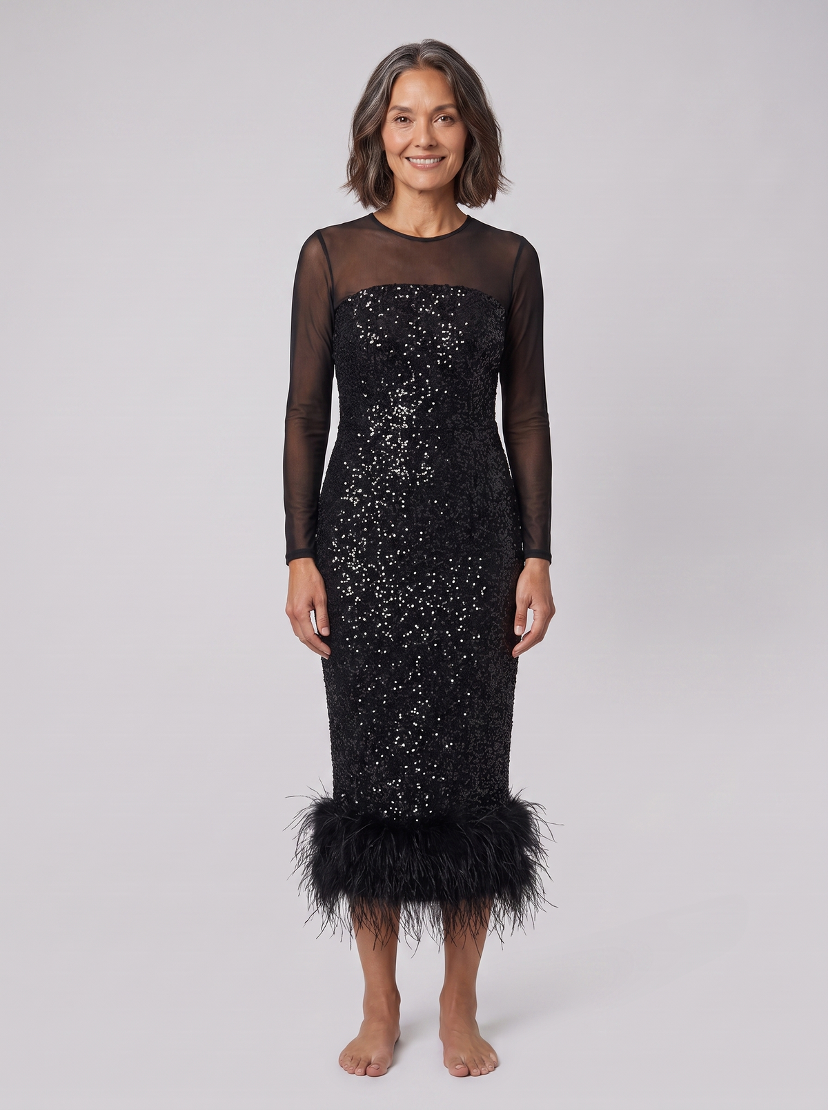 Abito midi con paillettes e dettagli di piume sul fondo - abito da sera in mesh a maniche lunghe per feste di Natale ed eventi festivi