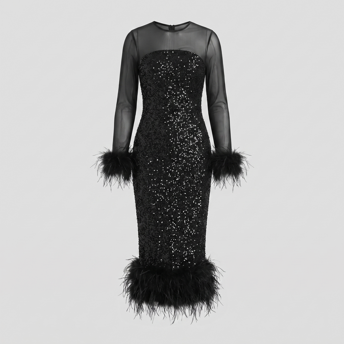 Sequin midi dress with feather detailing at the hem – mesh evening dress with long sleeves for Christmas parties and festive events