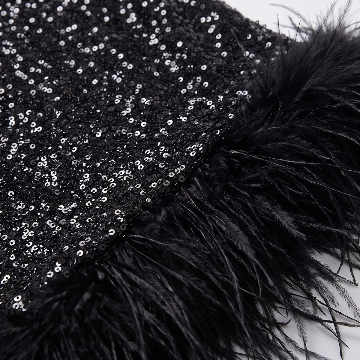 Sequin midi dress with feather detailing at the hem – mesh evening dress with long sleeves for Christmas parties and festive events