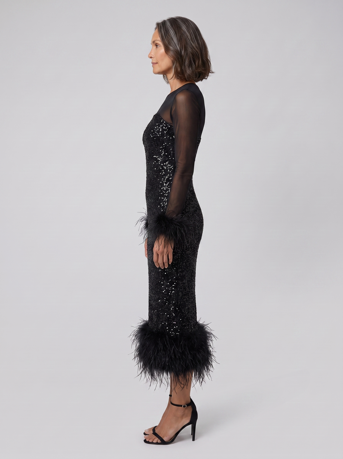 Sequin midi dress with feather detailing at the hem – mesh evening dress with long sleeves for Christmas parties and festive events