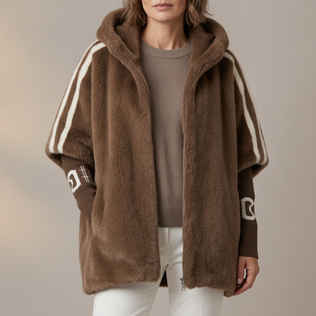 Teddy Faux Fur Jacket - Hooded Zip Ribbed Sleeve Women's Brown front view