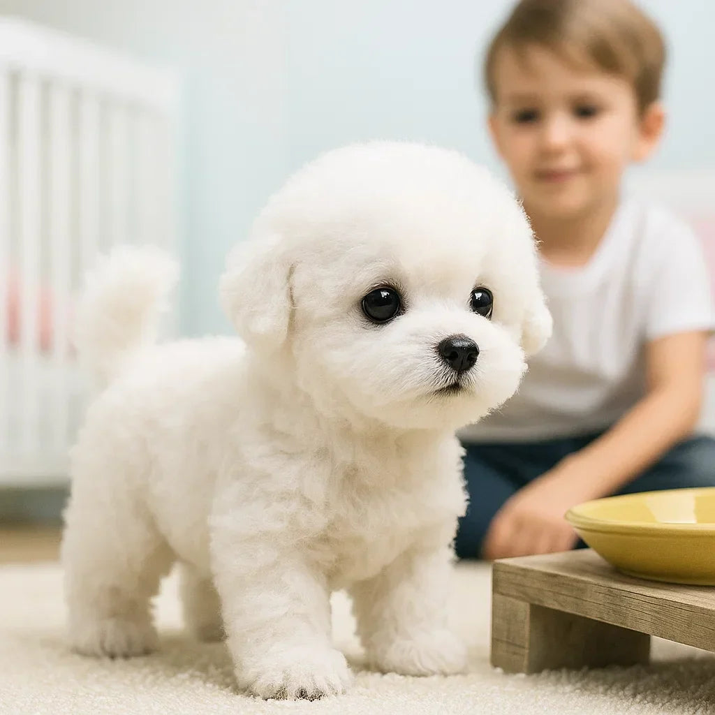 Hvid bichon frisé hvalp på gulvtæppe ved siden af gul skål, med barn i baggrunden. Sødt kæledyr, indendørs, familievenlig hund.